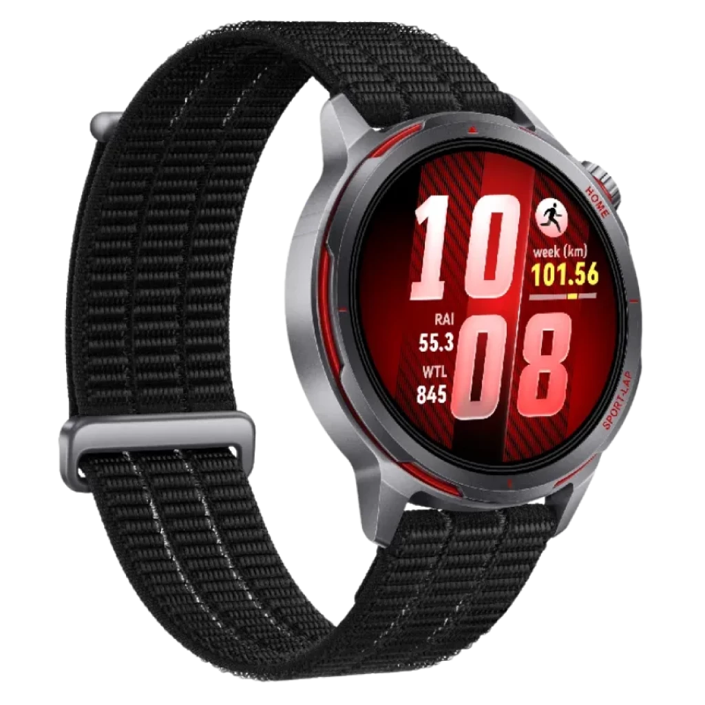 Huawei Watch GT Runner 2 noire avec écran AMOLED 1,32 pouces, lunette grise avec détails rouges, bracelet textile noir