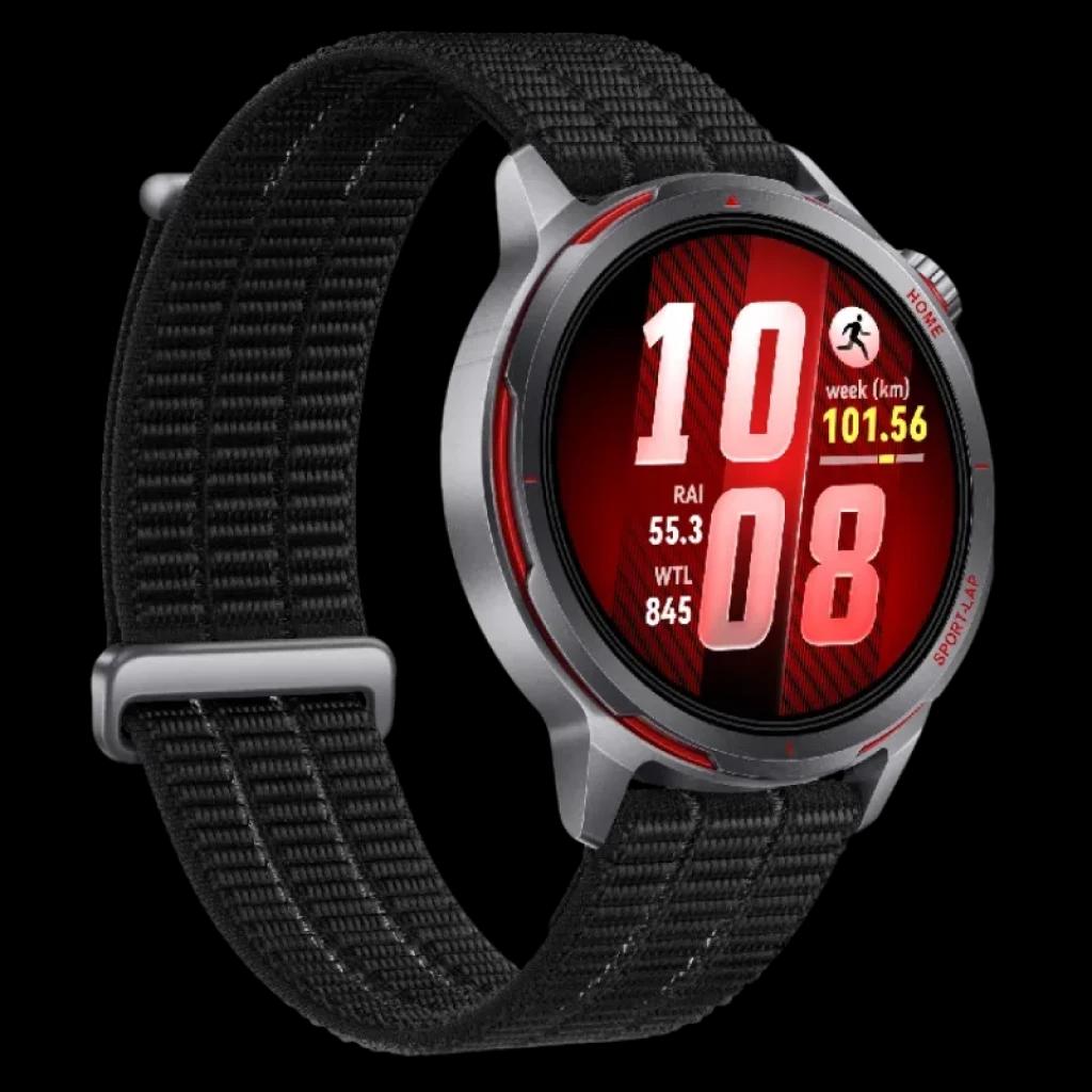 Huawei Watch GT Runner 2 noire avec écran AMOLED 1,32 pouces, lunette grise avec détails rouges, bracelet textile noir