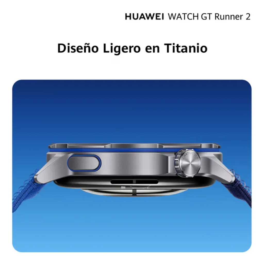 Huawei Watch GT Runner 2 noire avec boîtier en titane léger, lunette métallique, couronne latérale