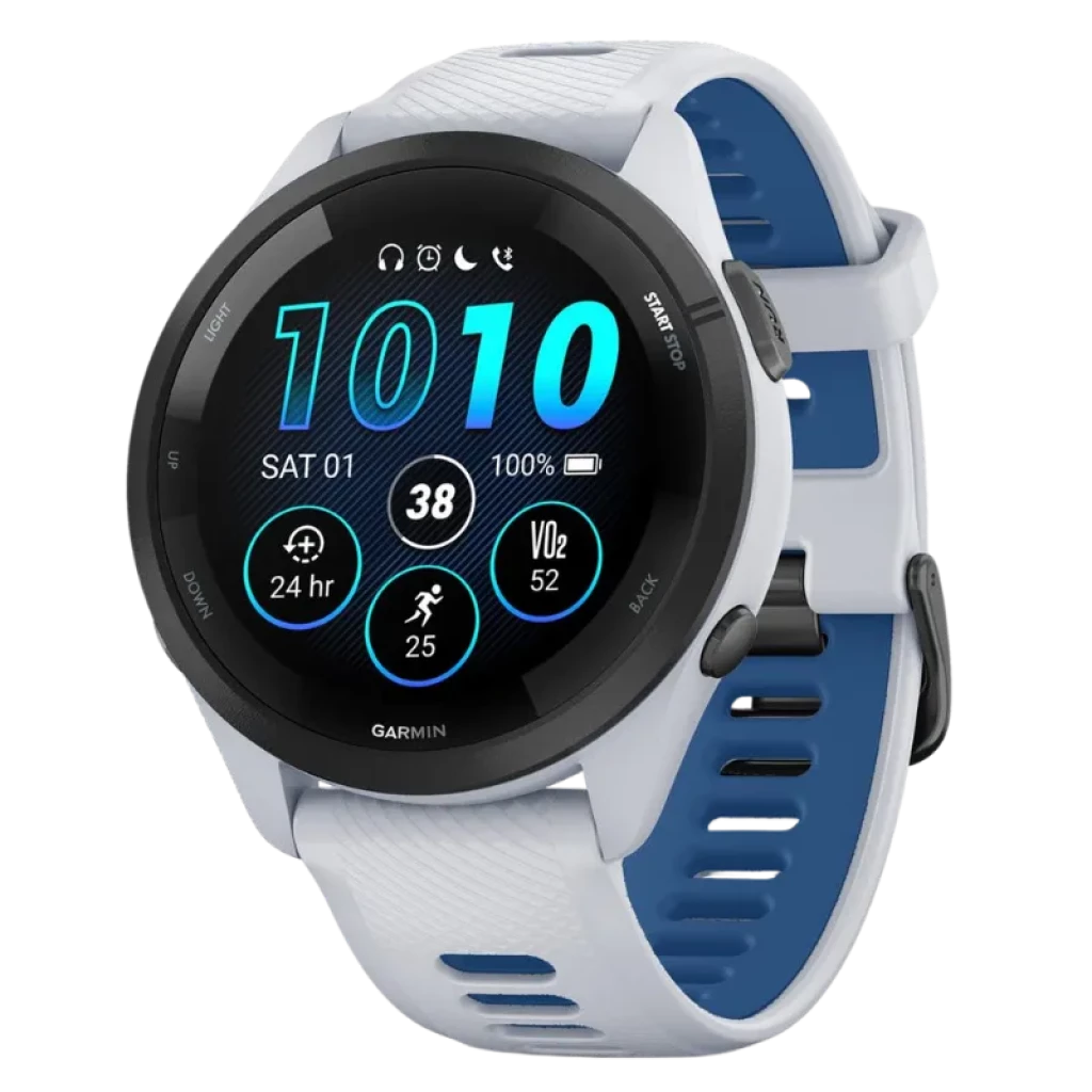 Garmin Forerunner 265 46 mm branco e azul com bracelete ventilada, moldura preta e ecrã AMOLED de 1,3 polegadas; botões laterais e mostradores de fitness visíveis