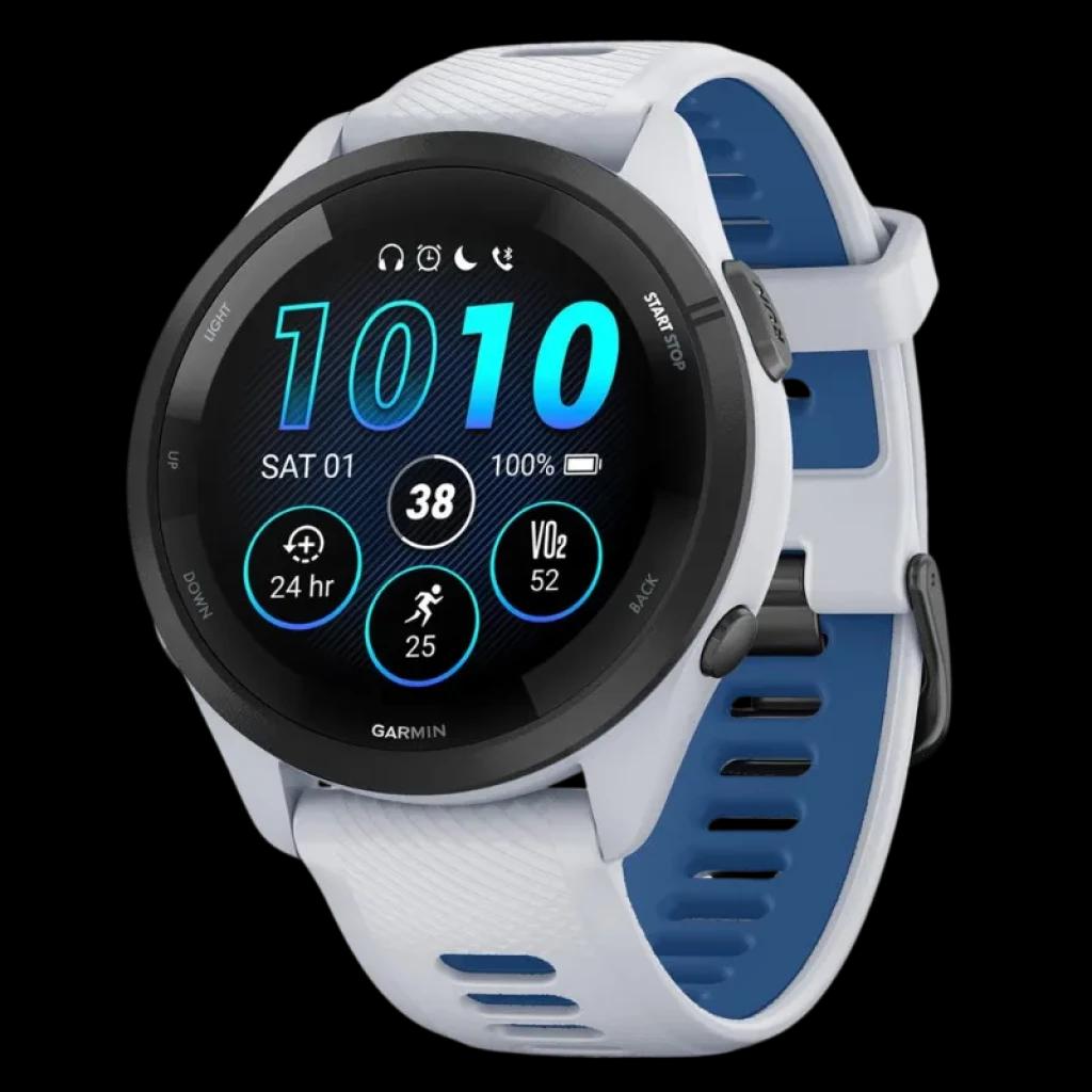 Garmin Forerunner 265 46 mm branco e azul com bracelete ventilada, moldura preta e ecrã AMOLED de 1,3 polegadas; botões laterais e mostradores de fitness visíveis