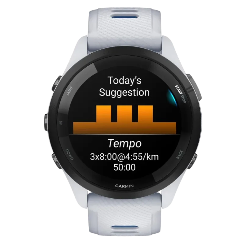 Garmin Forerunner 265 46 mm branco e azul com ecrã AMOLED de 1,3 polegadas; moldura preta, bracelete perfurada e ecrã com sugestões de treino
