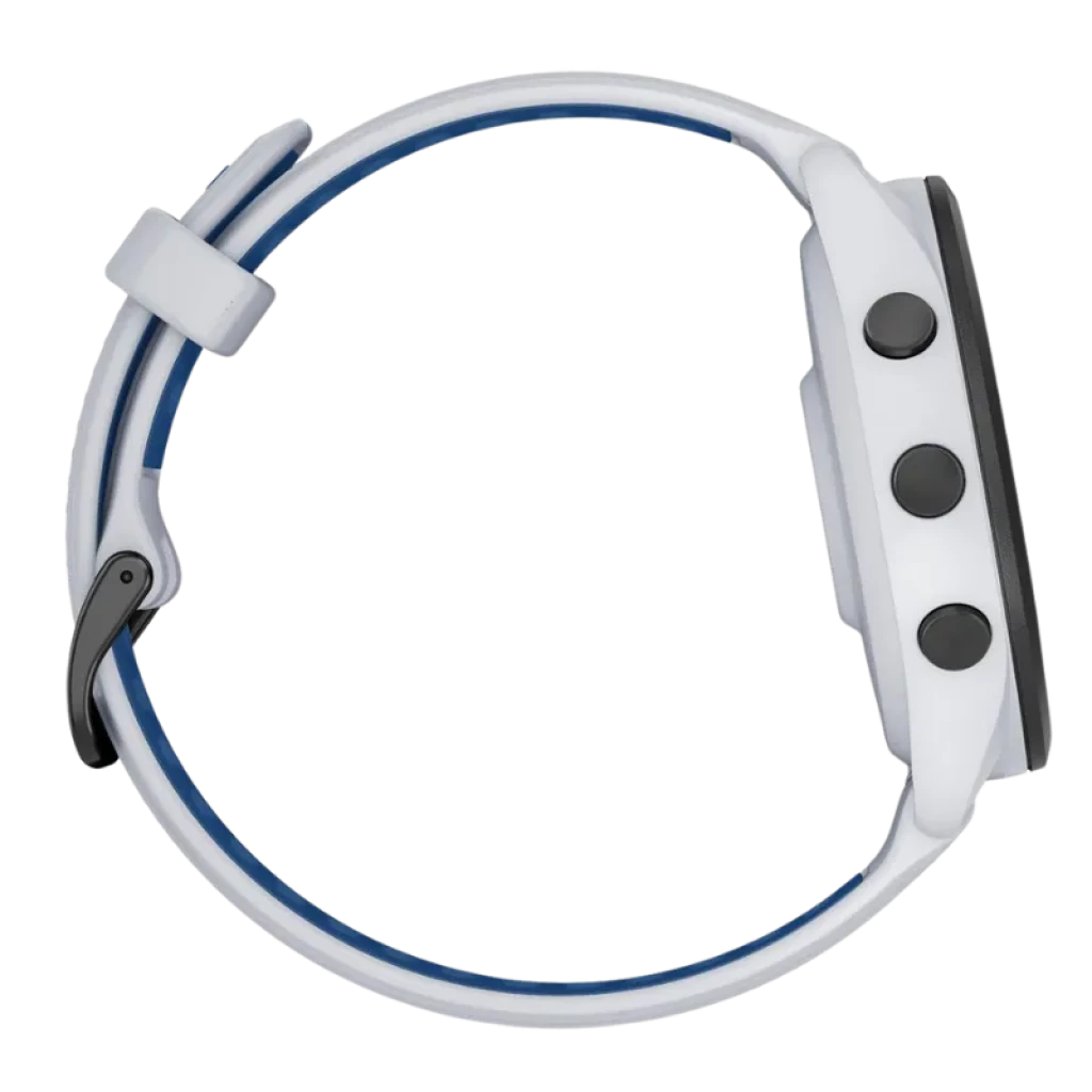 Garmin Forerunner 265 46 mm branco e azul com três botões laterais pretos, bracelete bicolor e caixa fina
