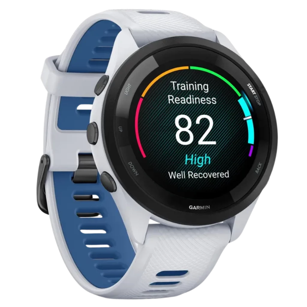 Vista a 45 graus do Garmin Forerunner 265 46 mm branco e azul