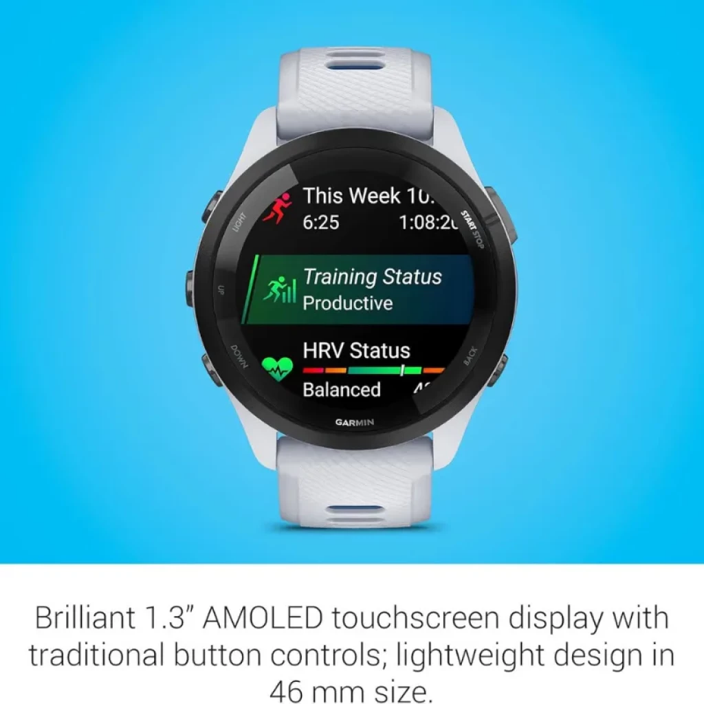 Garmin Forerunner 265 46 mm branco e azul com bracelete perfurada, moldura preta e ecrã AMOLED de 1,3 polegadas