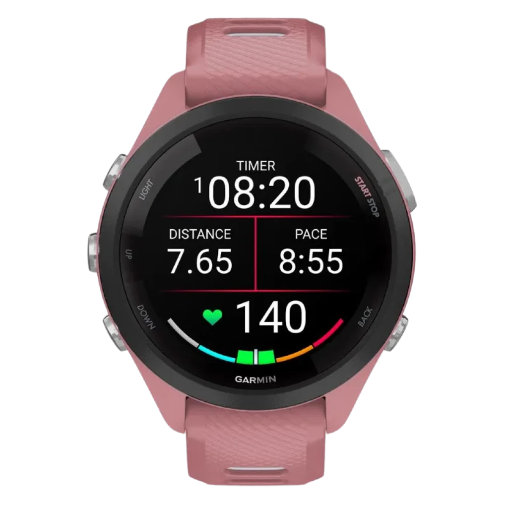 Garmin Forerunner 265S rosa/branco com ecrã AMOLED de 1,1 polegadas, moldura preta, botões laterais metálicos e bracelete desportiva texturizada