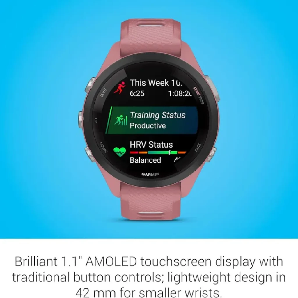 Garmin Forerunner 265S rosa e branco com ecrã AMOLED de 1,1 polegadas, botões laterais, bracelete rosa texturizada e caixa de 42 mm para pulsos pequenos