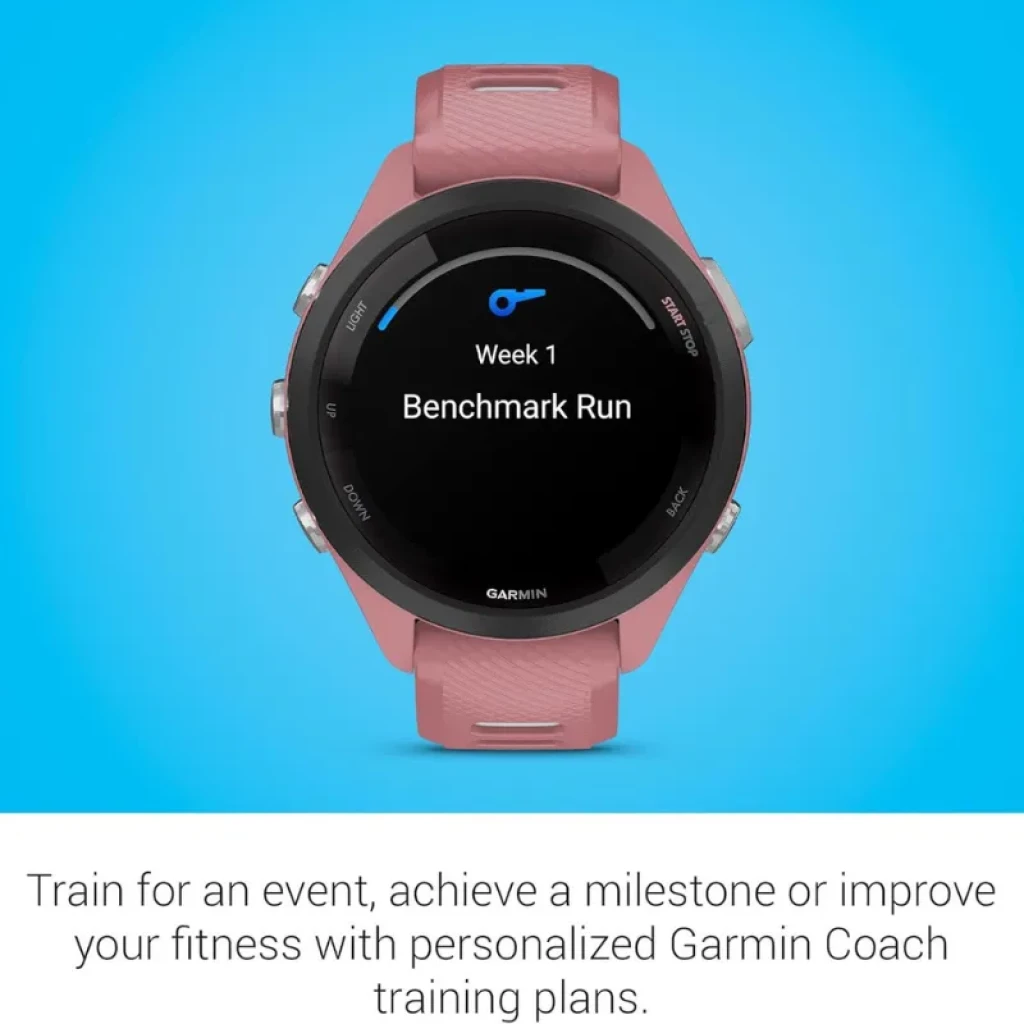 Garmin Forerunner 265S rosa/branco; mostrador tátil com métricas de treino