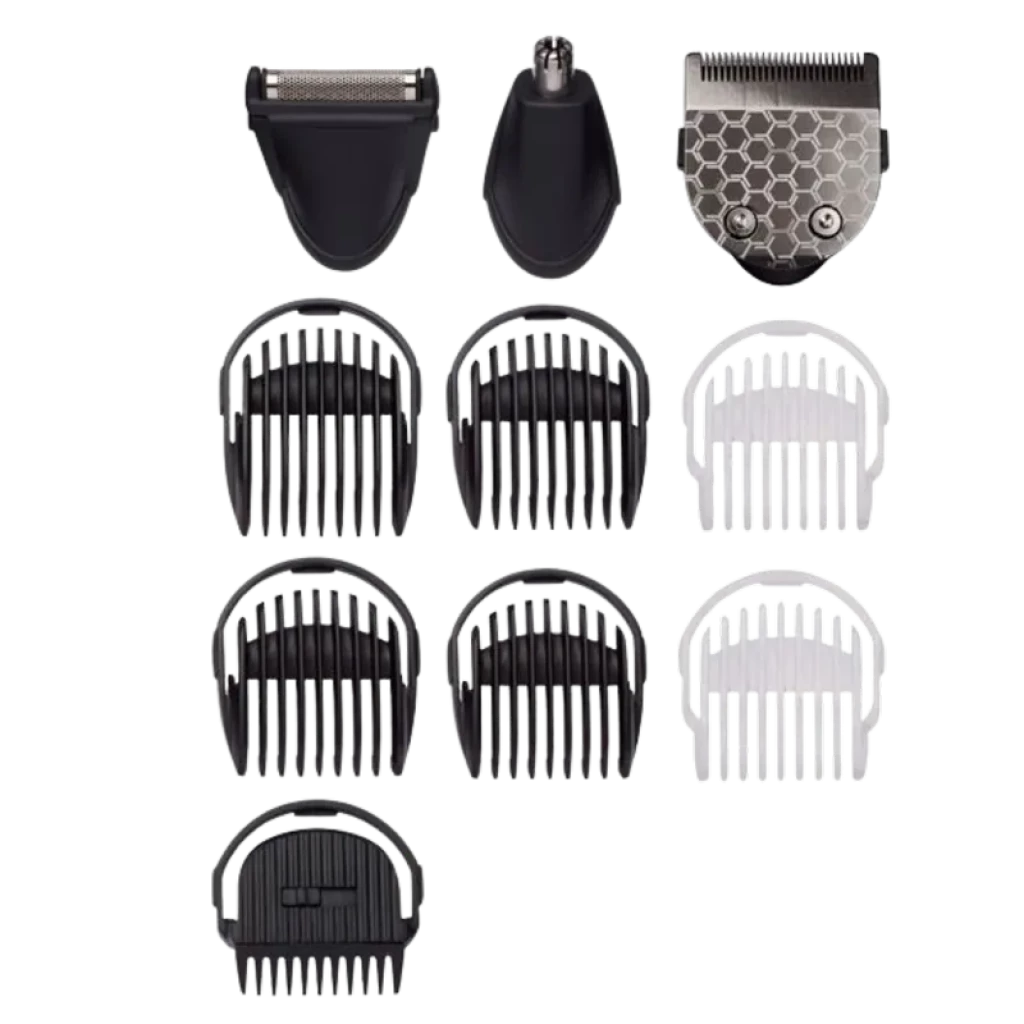 Accesorios BaByliss MT727E: cuchillas carbono-titanio, cabezales de recorte y afeitado, recortador de nariz y 8 peines guía negros y blancos 10 en 1