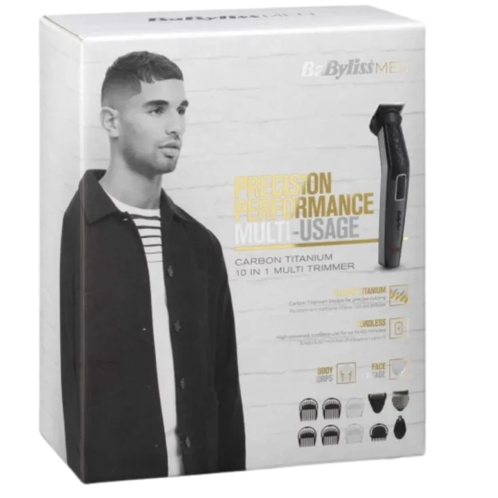 Caja de BaByliss MT727E con recortadora negra, pantalla LED y accesorios: peines para barba, cuerpo y cejas. Cuchillas carbono titanio, 10 en 1.