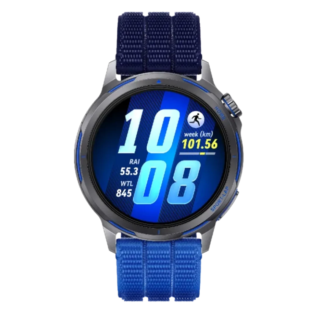 Huawei Watch GT Runner 2 bleue avec bracelet sport bleu, lunette noire et écran OLED circulaire avec mesures sportives en grand format et bords avec détails bleus