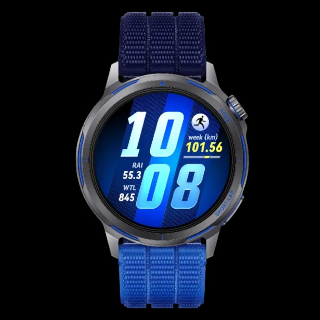 Huawei Watch GT Runner 2 bleue avec bracelet sport bleu, lunette noire et écran OLED circulaire avec mesures sportives en grand format et bords avec détails bleus