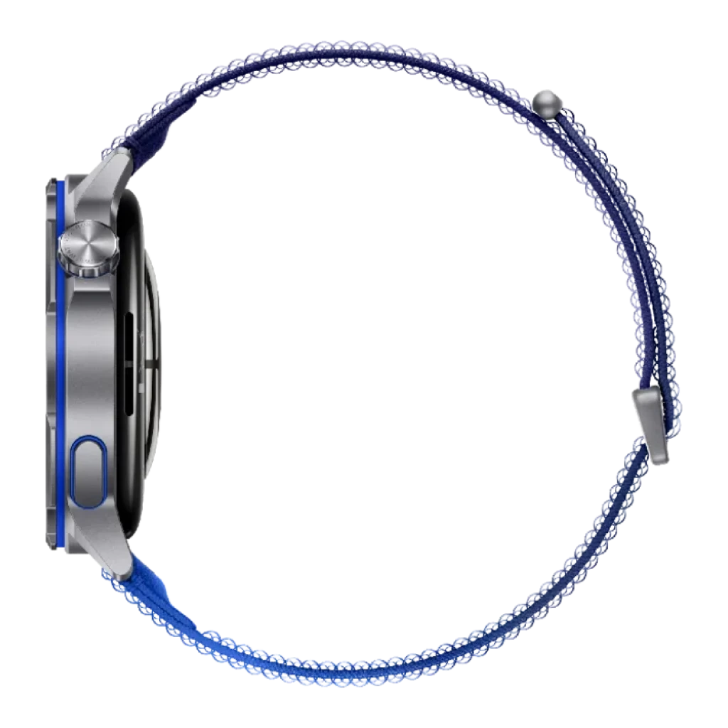 Huawei Watch GT Runner 2 bleue avec bracelet sport bleu texturé, boîtier argenté léger, bouton latéral et lunette fine