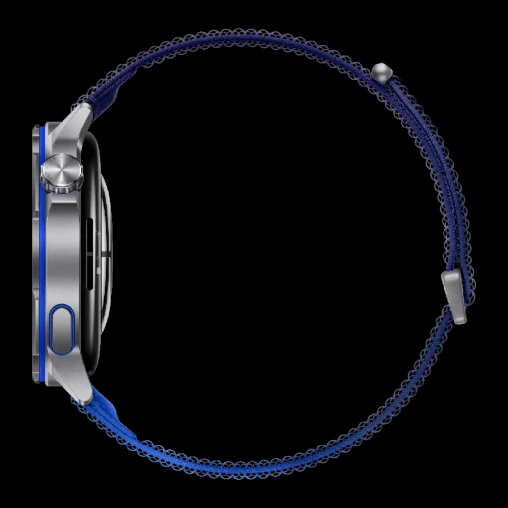 Huawei Watch GT Runner 2 bleue avec bracelet sport bleu texturé, boîtier argenté léger, bouton latéral et lunette fine