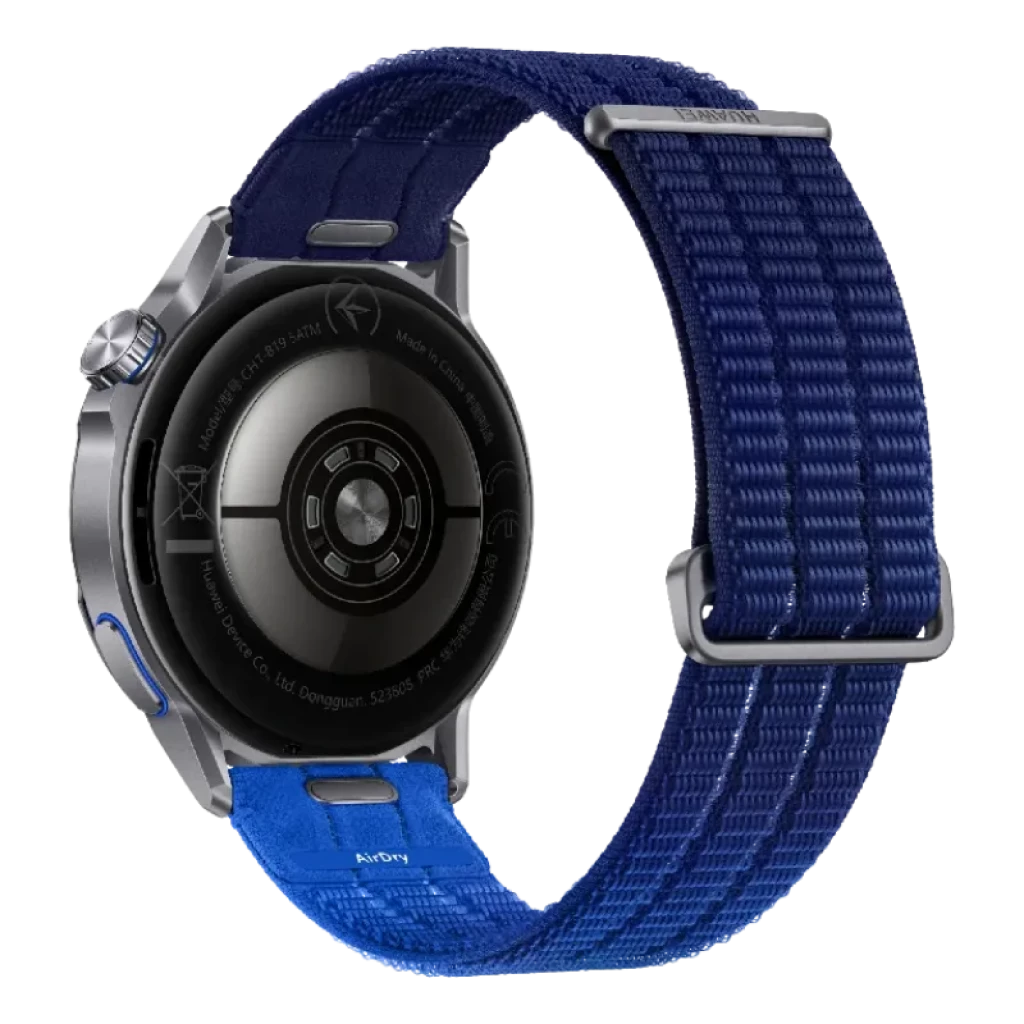 Huawei Watch GT Runner 2 bleue avec bracelet textile ajustable, boîtier argenté, capteurs circulaires à l'arrière et boucle métallique