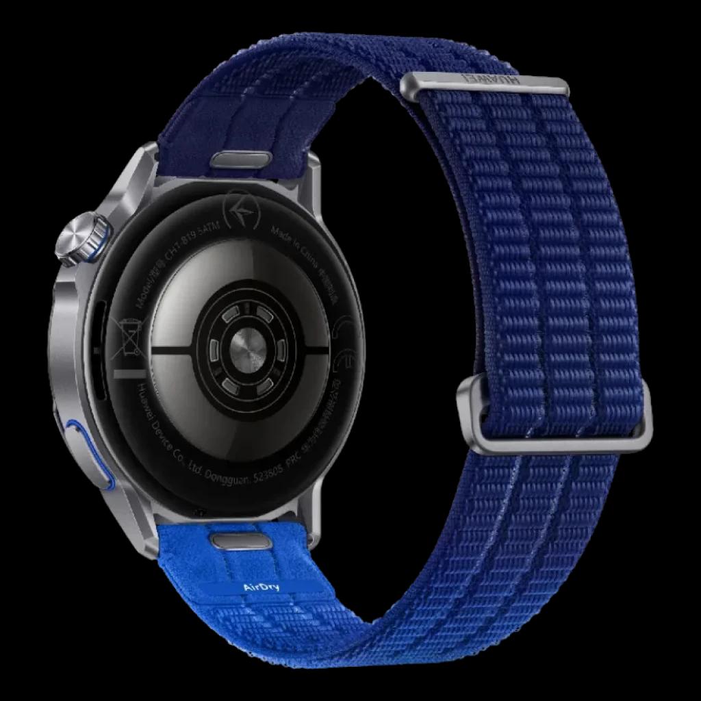 Huawei Watch GT Runner 2 bleue avec bracelet textile ajustable, boîtier argenté, capteurs circulaires à l'arrière et boucle métallique