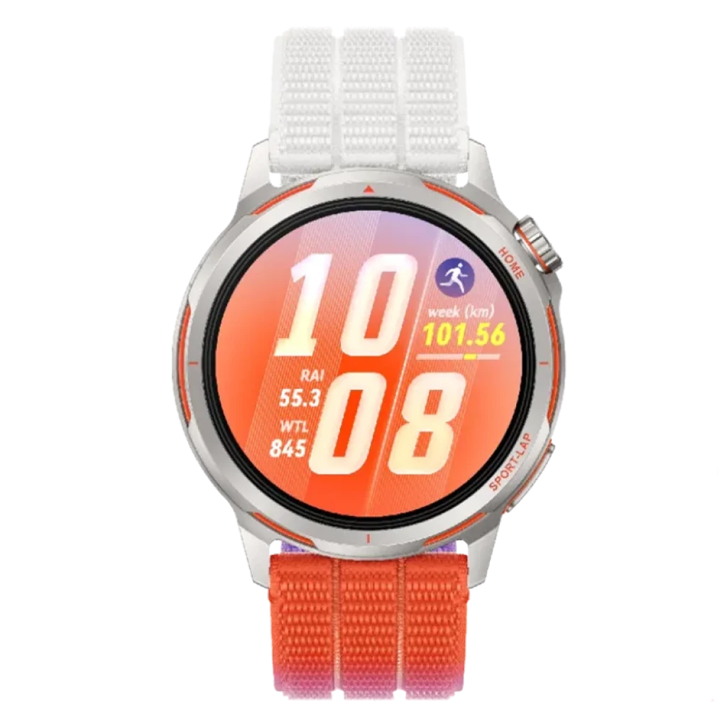 Huawei Watch GT Runner 2 orange avec bracelet bicolore, boîtier argenté et lunette sportive