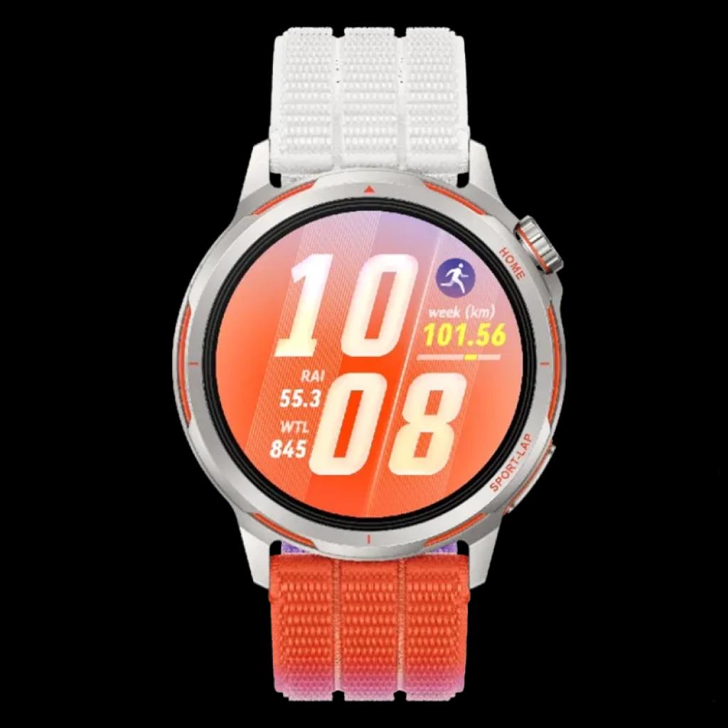 Huawei Watch GT Runner 2 orange avec bracelet bicolore, boîtier argenté et lunette sportive