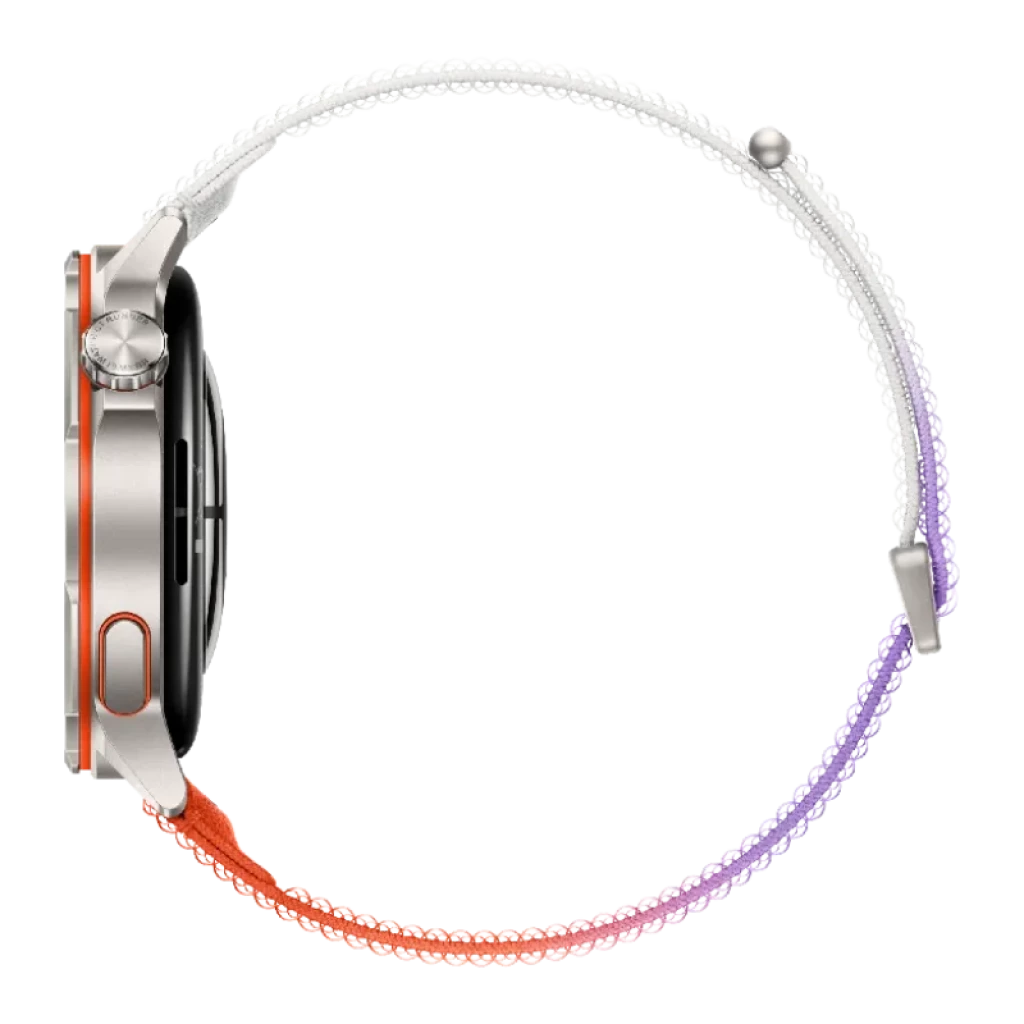 Huawei Watch GT Runner 2 orange avec boîtier argenté, bouton latéral et bracelet dégradé orange à violet