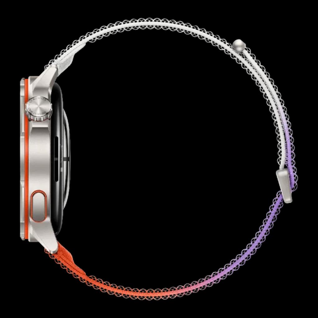 Huawei Watch GT Runner 2 orange avec boîtier argenté, bouton latéral et bracelet dégradé orange à violet