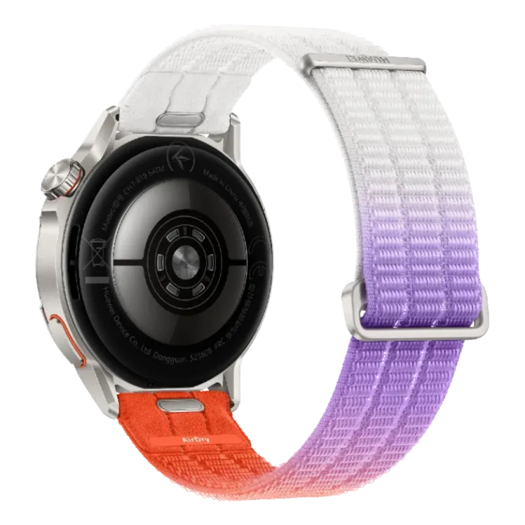 Huawei Watch GT Runner 2 orange et argent, bracelet textile bicolore blanc et violet, boîtier rond en métal, capteurs arrière, design sportif et léger