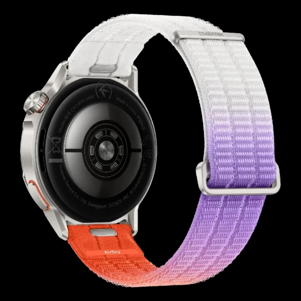Huawei Watch GT Runner 2 orange et argent, bracelet textile bicolore blanc et violet, boîtier rond en métal, capteurs arrière, design sportif et léger