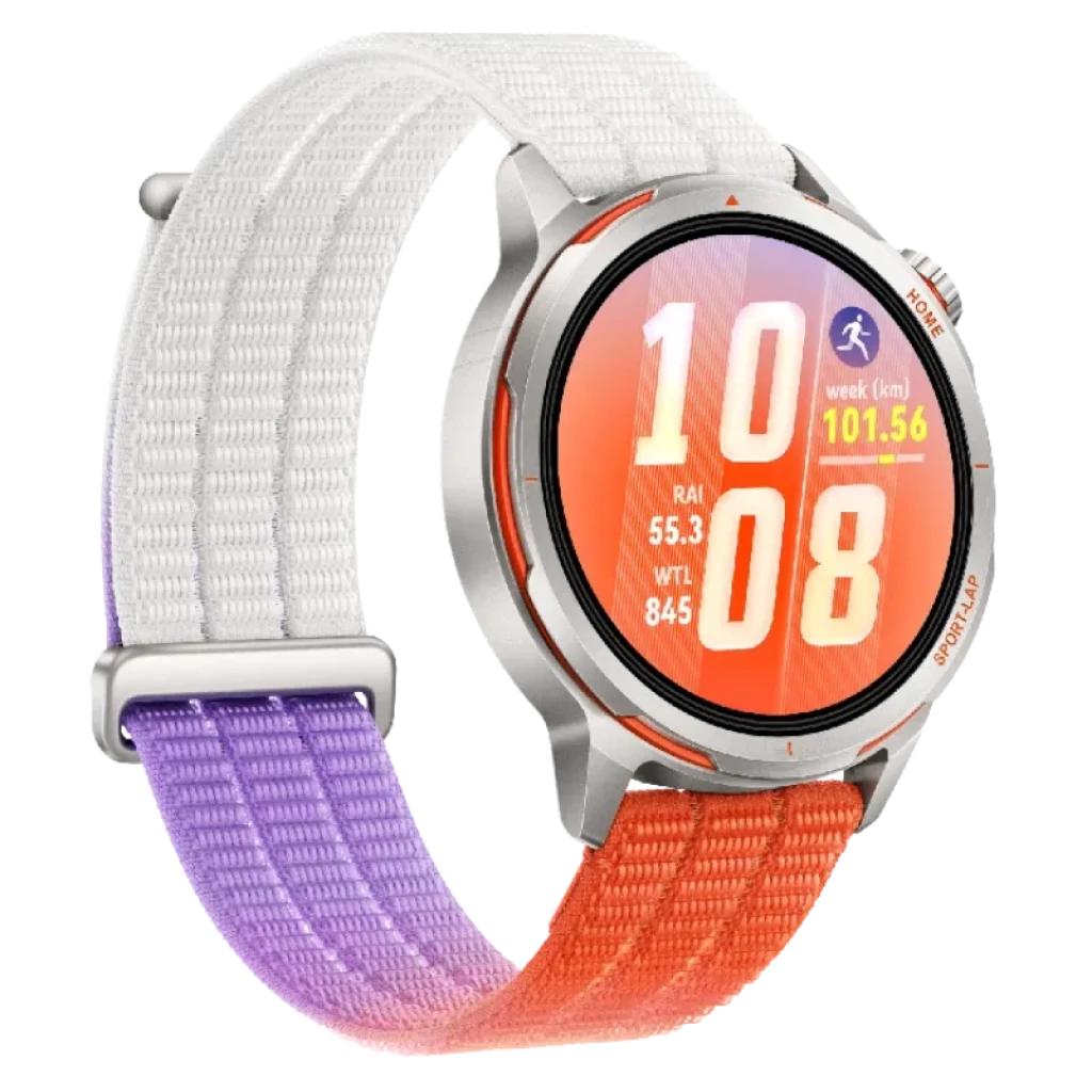 Huawei Watch GT Runner 2 orange avec lunette argentée, écran circulaire brillant, bracelet textile bicolore blanc, lilas et orange