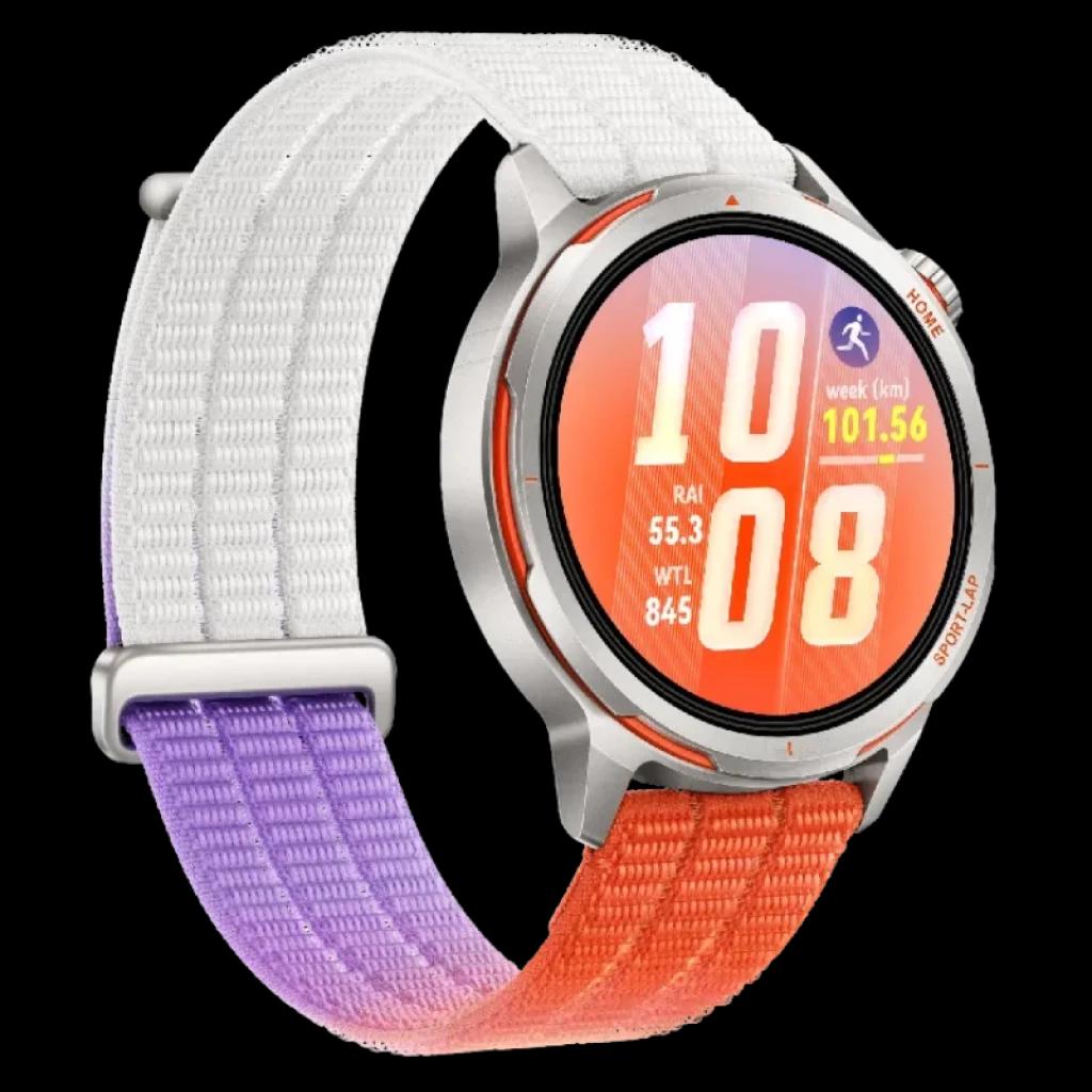Huawei Watch GT Runner 2 orange avec lunette argentée, écran circulaire brillant, bracelet textile bicolore blanc, lilas et orange