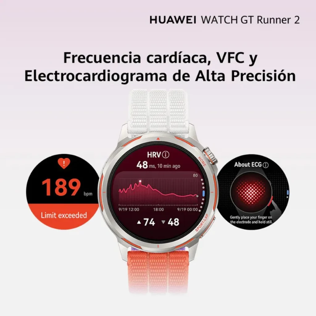 Huawei Watch GT Runner 2 avec lunette argentée et mesures HRV, ECG et 189 bpm à l'écran