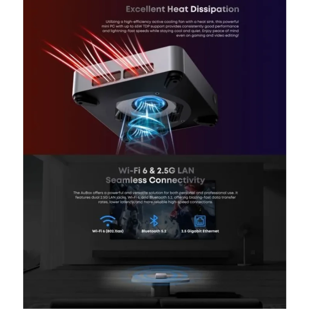 Mini PC Chuwi AuBox compacto en gris con rejillas y puertos frontales, iluminación azul inferior, destaca disipación de calor y conectividad Wi‑Fi 6 y 2.5G