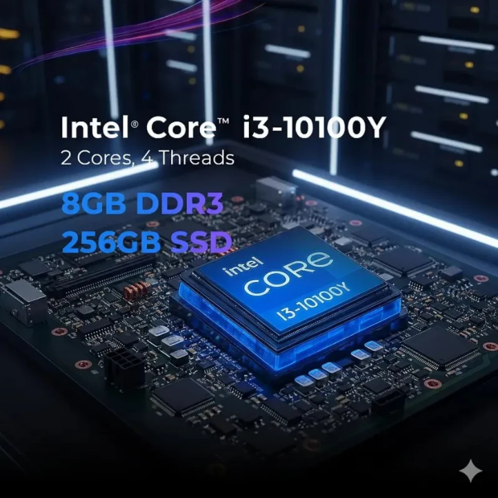 Image de la puce Intel Core sur une carte mère éclairée, mettant en évidence 2 cœurs et 4 threads