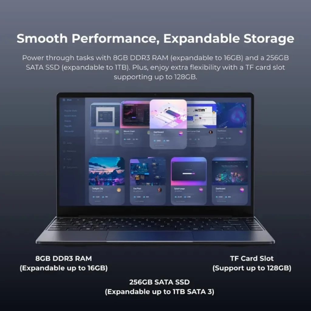 Chuwi CoreBook i3 14 pouces avec écran mince, clavier rétroéclairé et bordures fines ; affiche des applications sous Windows 11, design métallique et fente TF visible