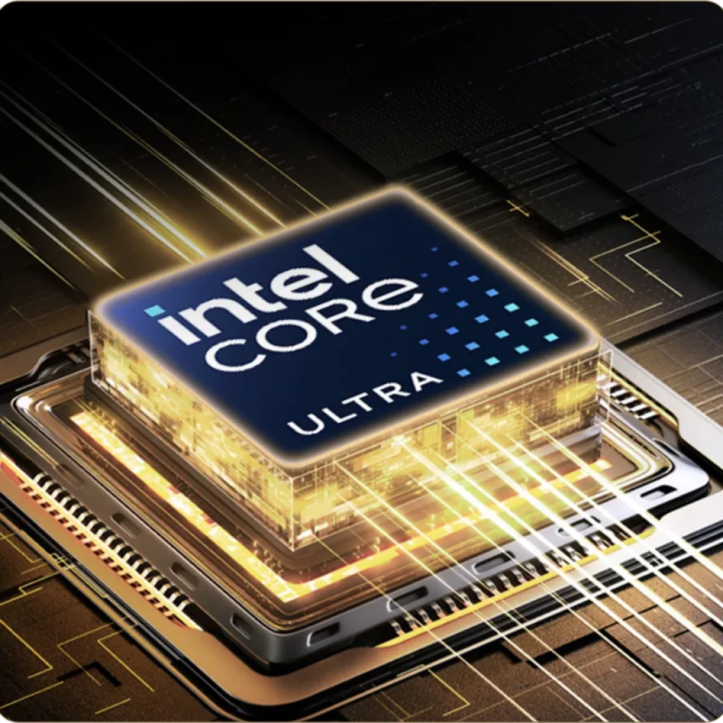 Chip Intel Core Ultra con matriz iluminada y trazos dorados sobre placa base