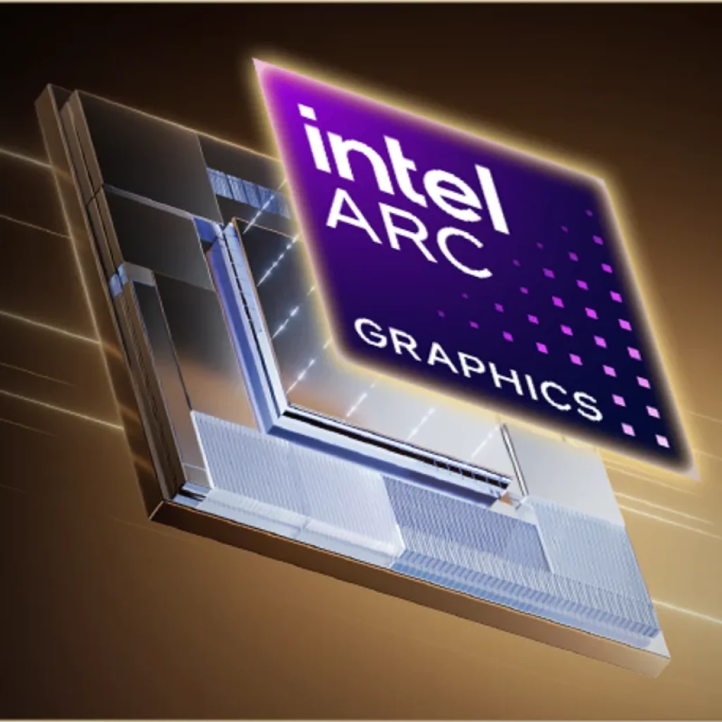 Gráfico Intel Arc destacado sobre chip brillante con trazos dorados, representa capacidades gráficas avanzadas del Mini PC Chuwi AuBox X