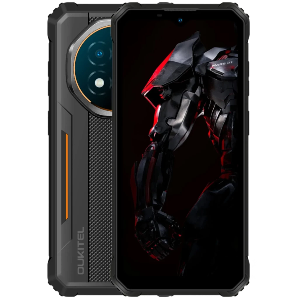 Smartphone robuste Oukitel G6 128 Go, 4 Go RAM, coque renforcée noire avec accents orange, grand écran bord à bord, module photo circulaire arrière