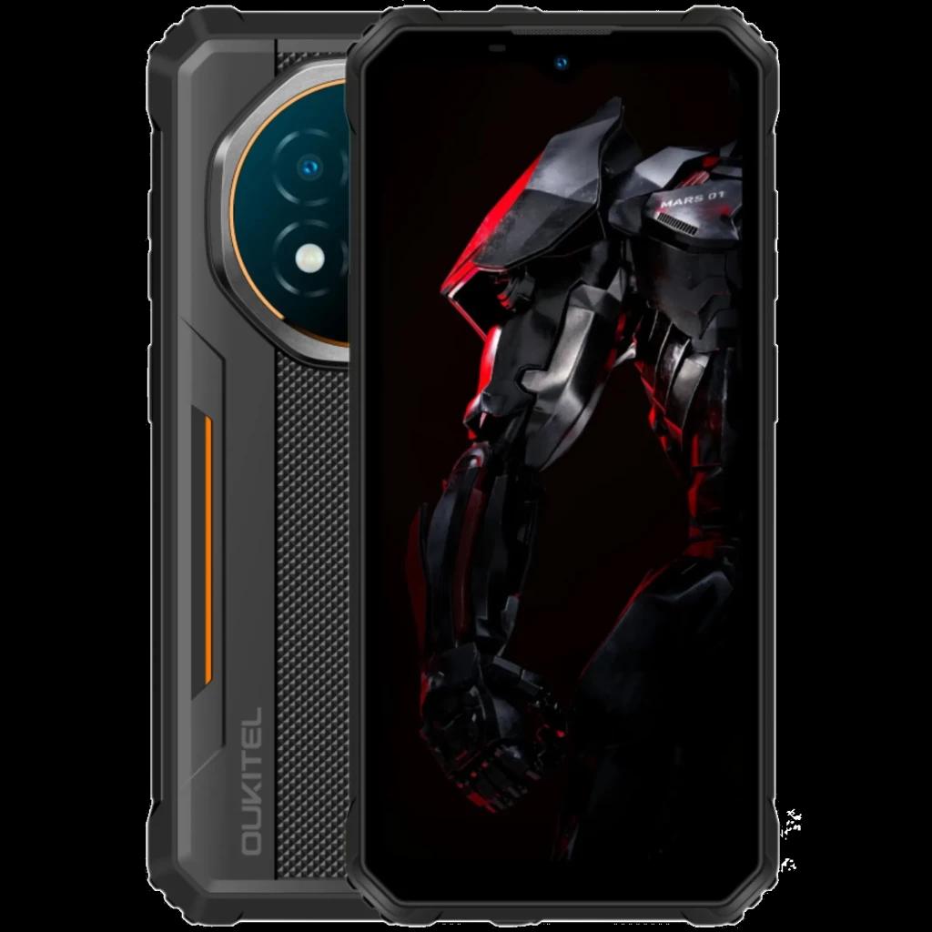 Smartphone robuste Oukitel G6 128 Go, 4 Go RAM, coque renforcée noire avec accents orange, grand écran bord à bord, module photo circulaire arrière