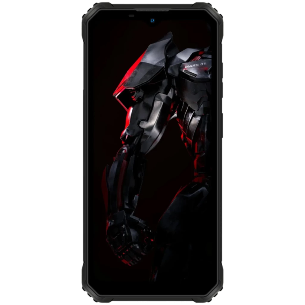 Oukitel G6 128 Go Rugged 4 Go de RAM Verre Dragon Tracks avec écran bord à bord, bordures renforcées, design noir futuriste et reflets rouges métalliques