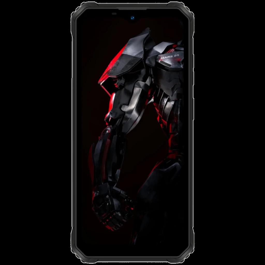 Oukitel G6 128 Go Rugged 4 Go de RAM Verre Dragon Tracks avec écran bord à bord, bordures renforcées, design noir futuriste et reflets rouges métalliques
