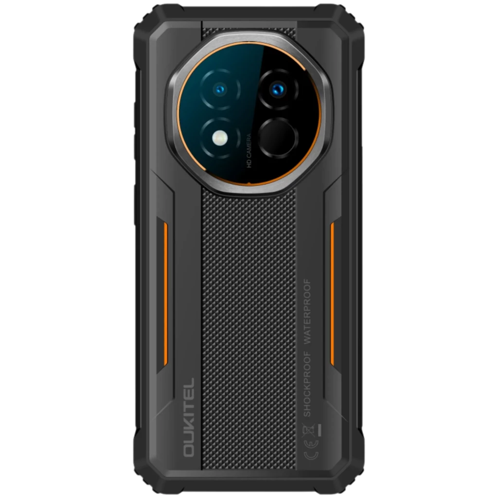 Oukitel G6 128 Go Rugged 4 Go de RAM Verre Dragon Tracks avec dos antidérapant, renforts d’angle, accents orange et module photo circulaire triple
