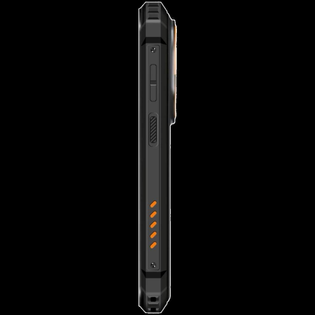 Oukitel G6 128 Go Rugged 4 Go de RAM Verre Dragon Tracks profil latéral robuste noir avec accents orange, boutons texturés et bords renforcés anti-choc