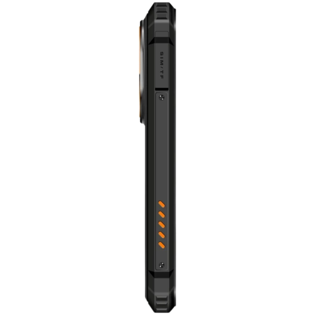 Oukitel G6 128 Go Rugged 4 Go de RAM Verre Dragon Tracks avec profil latéral épais, bords renforcés, rainures antichoc et contacts orange pour dock de charge