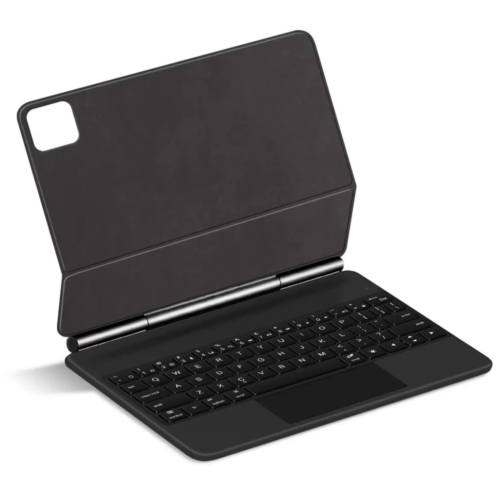 Teclado Xiaomi Pad 8 / 8 Pro com touchpad e capa inteligente preta, layout completo, suporte magnético e recorte para câmera, design fino e elegante