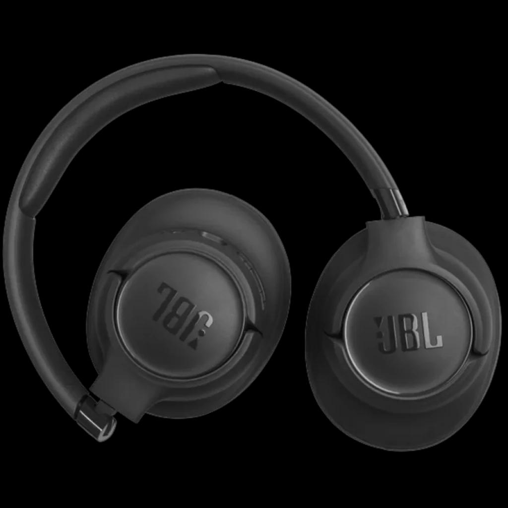 Auscultadores JBL Tune 730BT pretos, design circum-aural dobrável, conchas almofadadas com logotipo JBL, arco acolchoado e acabamento fosco elegante