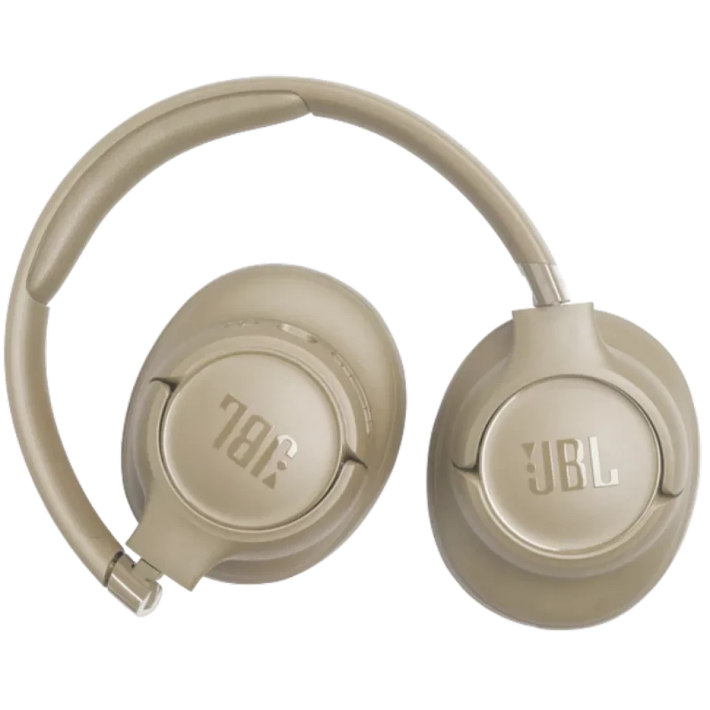 JBL Tune 730BT en beige, auriculares circumaurales plegables con diadema acolchada, cascos redondos con logo JBL metalizado y acabado mate elegante
