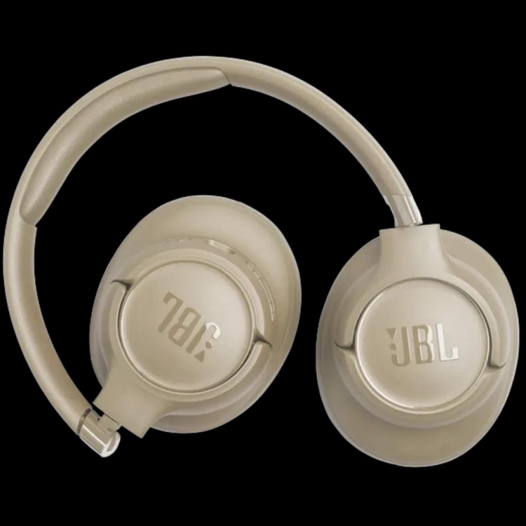 JBL Tune 730BT en beige, auriculares circumaurales plegables con diadema acolchada, cascos redondos con logo JBL metalizado y acabado mate elegante
