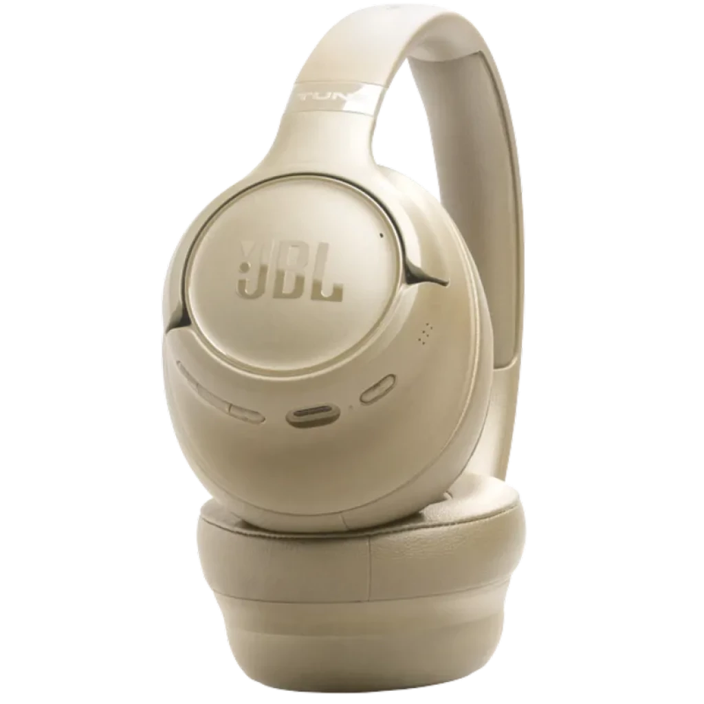 Auriculares circumaurales JBL Tune 730BT en beige, diseño plegable, casco acolchado, controles integrados y micrófono, acabado mate elegante