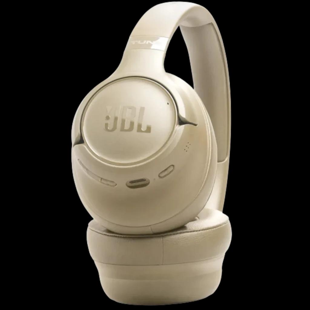 Auriculares circumaurales JBL Tune 730BT en beige, diseño plegable, casco acolchado, controles integrados y micrófono, acabado mate elegante