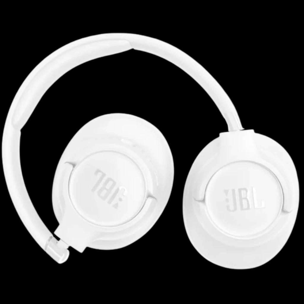 Auscultadores JBL Tune 730BT brancos, design circum-aural dobrável, acabamento fosco, logótipo JBL nas conchas e arco almofadado com controlos laterais