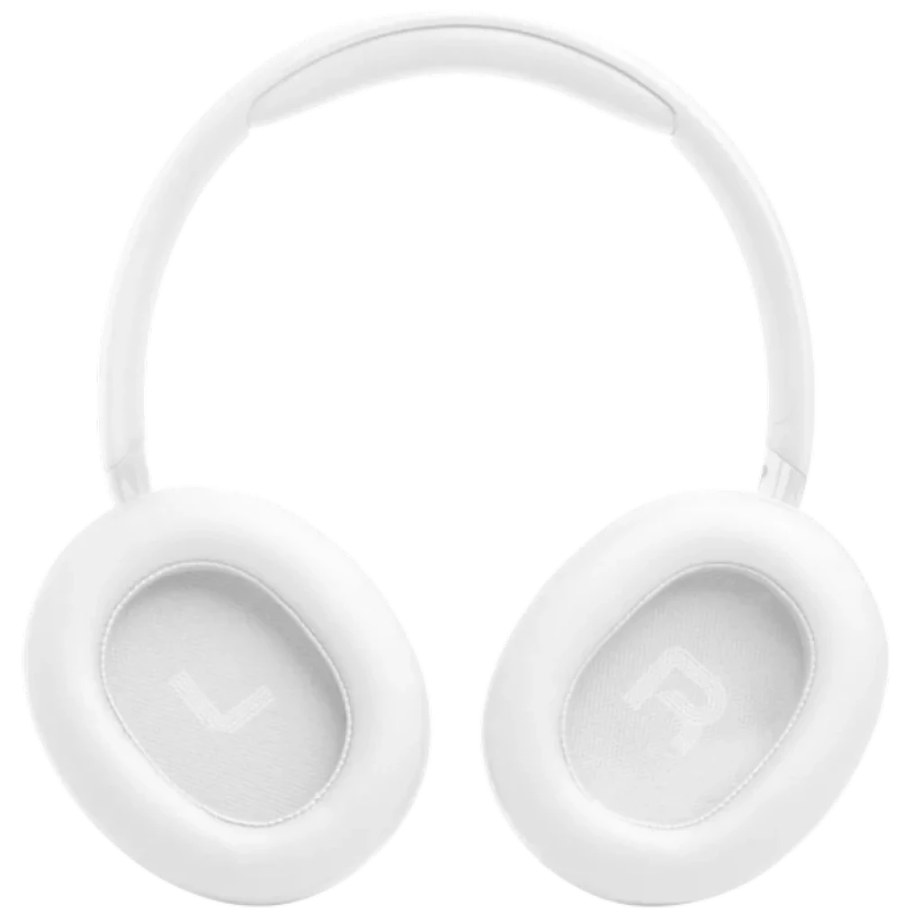 JBL Tune 730BT branco com design circum-aural, almofadas ovais macias, indicação L e R interna, arco acolchoado e acabamento fosco elegante
