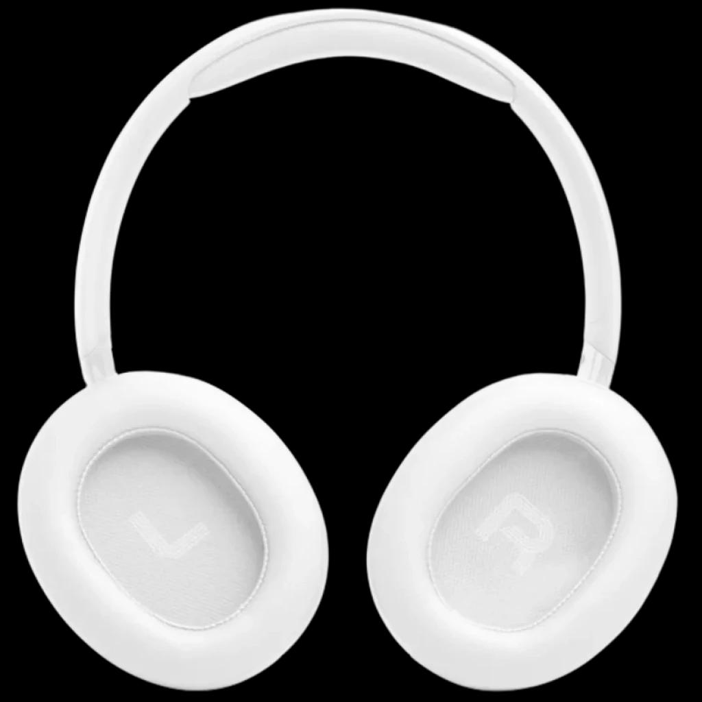 JBL Tune 730BT branco com design circum-aural, almofadas ovais macias, indicação L e R interna, arco acolchoado e acabamento fosco elegante